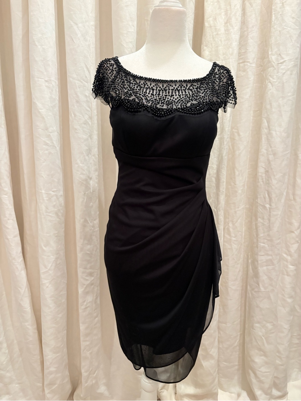 Xscape Black Beaded Illusion Neck Midi Cocktail Dress 6 Formal Wedding Guest